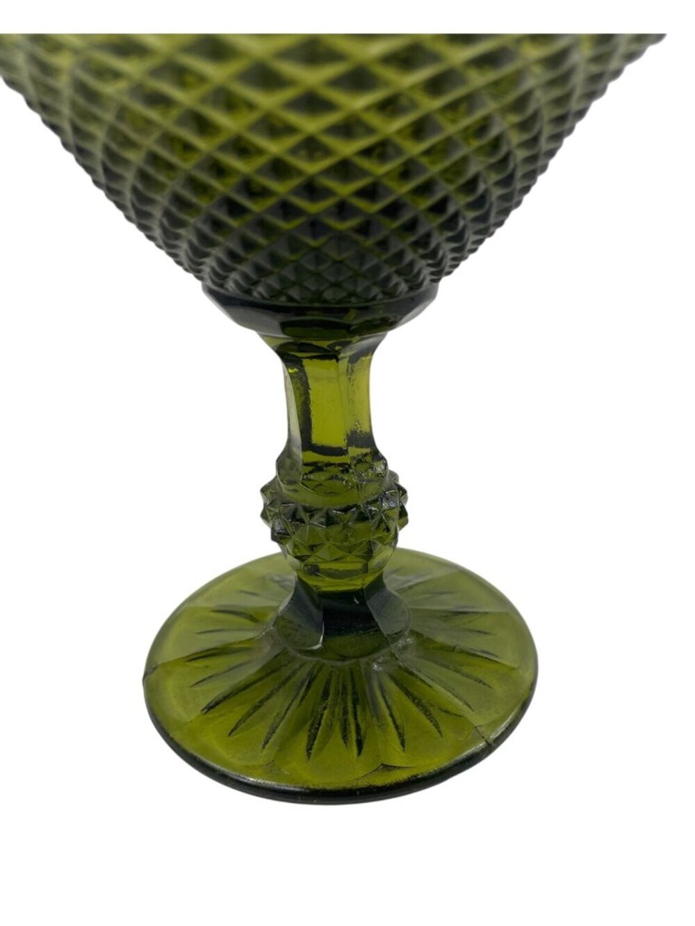 Vintage Green Glass Compote With Diamond Pattern & Ruffled Edge Pedestal Bowl - Picture 3 of 11